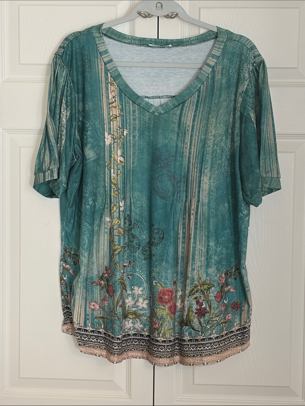 zeagoo Teal Floral V-Neck Short Sleeve Top with Border Print